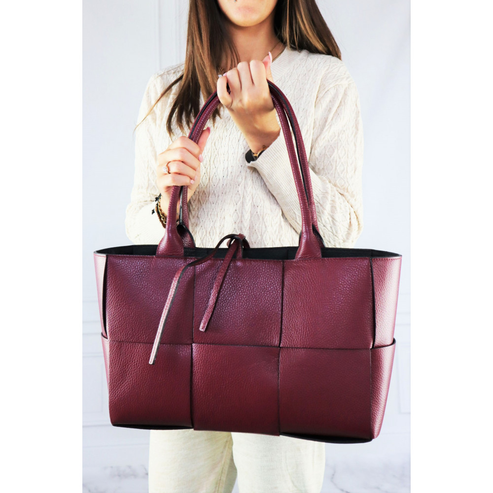 Burgundowa damska shopper bag wykonana ze skóry naturalnej