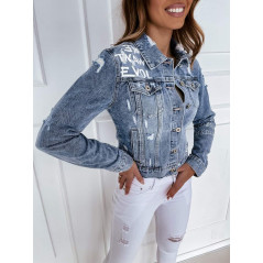 AZZURRO Przecierana kurtka jeansowa damska z białymi napisami