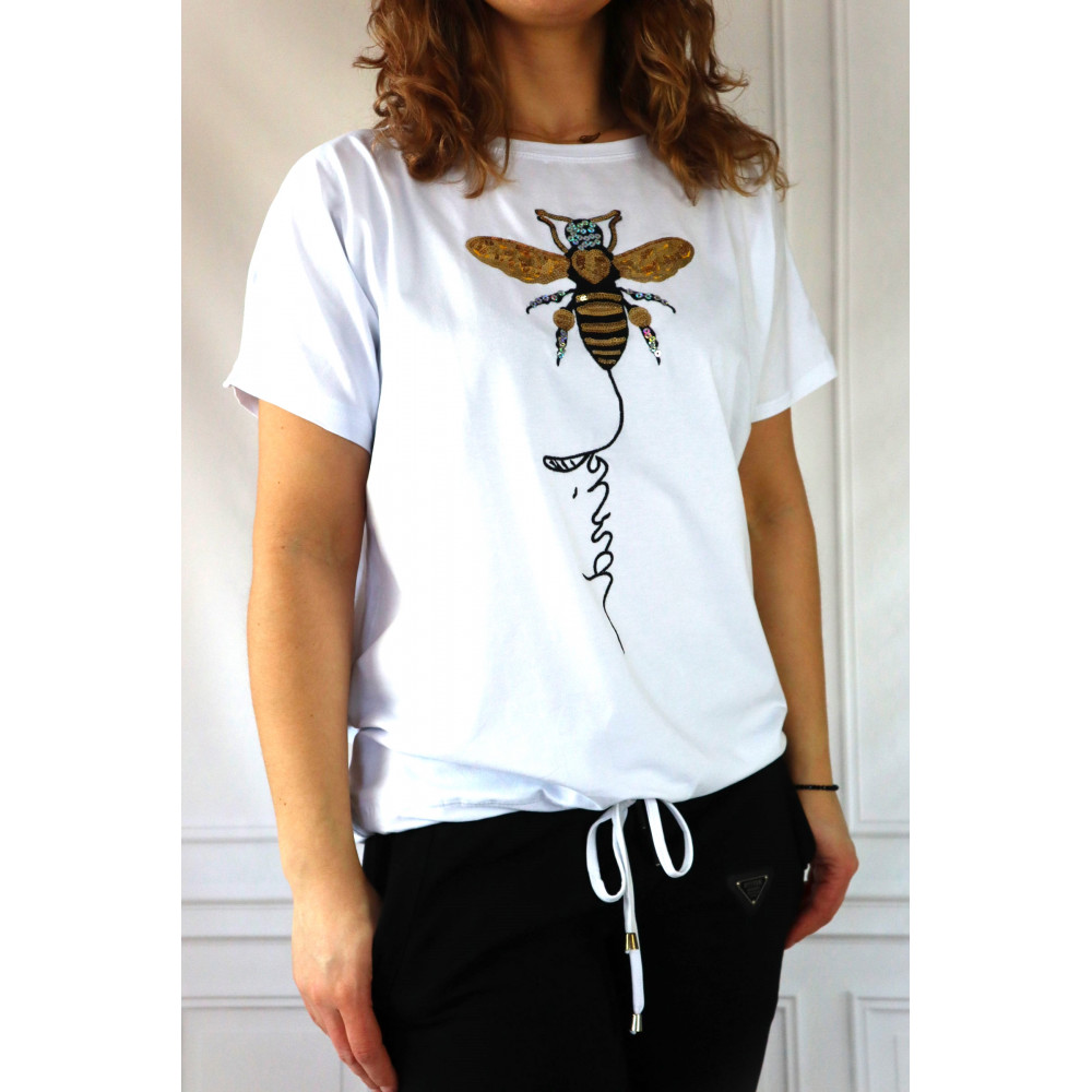 MEGI COLLECTION Biały t-shirt damski z pszczołą