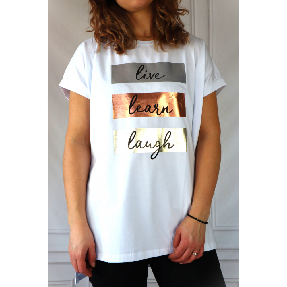 MEGI COLLECTION T-shirt damski LIVE LEARN LAUGH biały