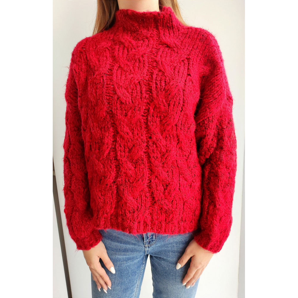 YES PLAY Sweter damski czerwony z warkoczowym splotem