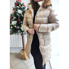 Płaszcz zimowy damski beżowy z kapturem i futerkowym obszyciem