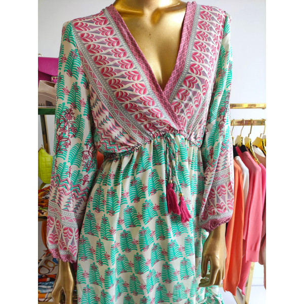 Boho sukienka damska rozkloszowana w indyjskie wzory z długim rękawem- wzory do wyboru