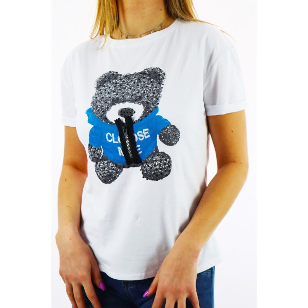 T-shirt damski z grafiką czarno-niebieskiego misia