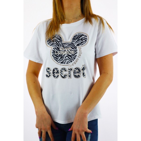 T-shirt damski biały z zebrową grafiką Miki i napisem secret