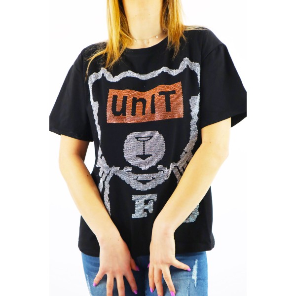 Czarny t-shirt damski oversize z misiem xxl i napisem UNIT