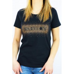 Czarny t-shirt damski Babylon ze złotymi dżetami