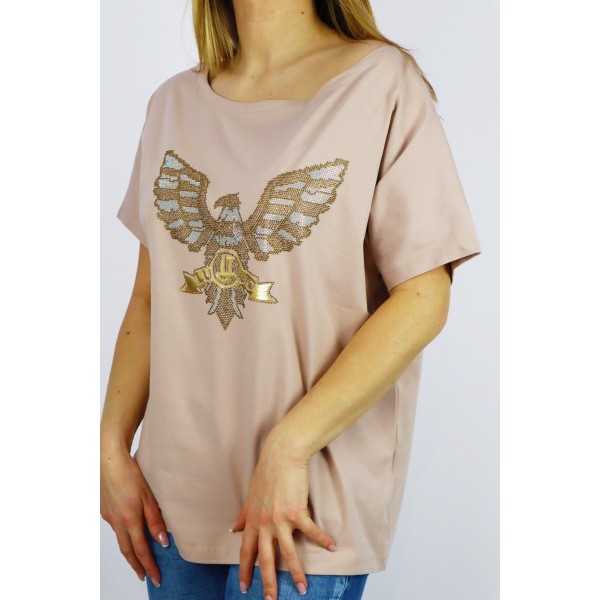 T-shirt damski oversize w kolorze cappucino z grafiką orła