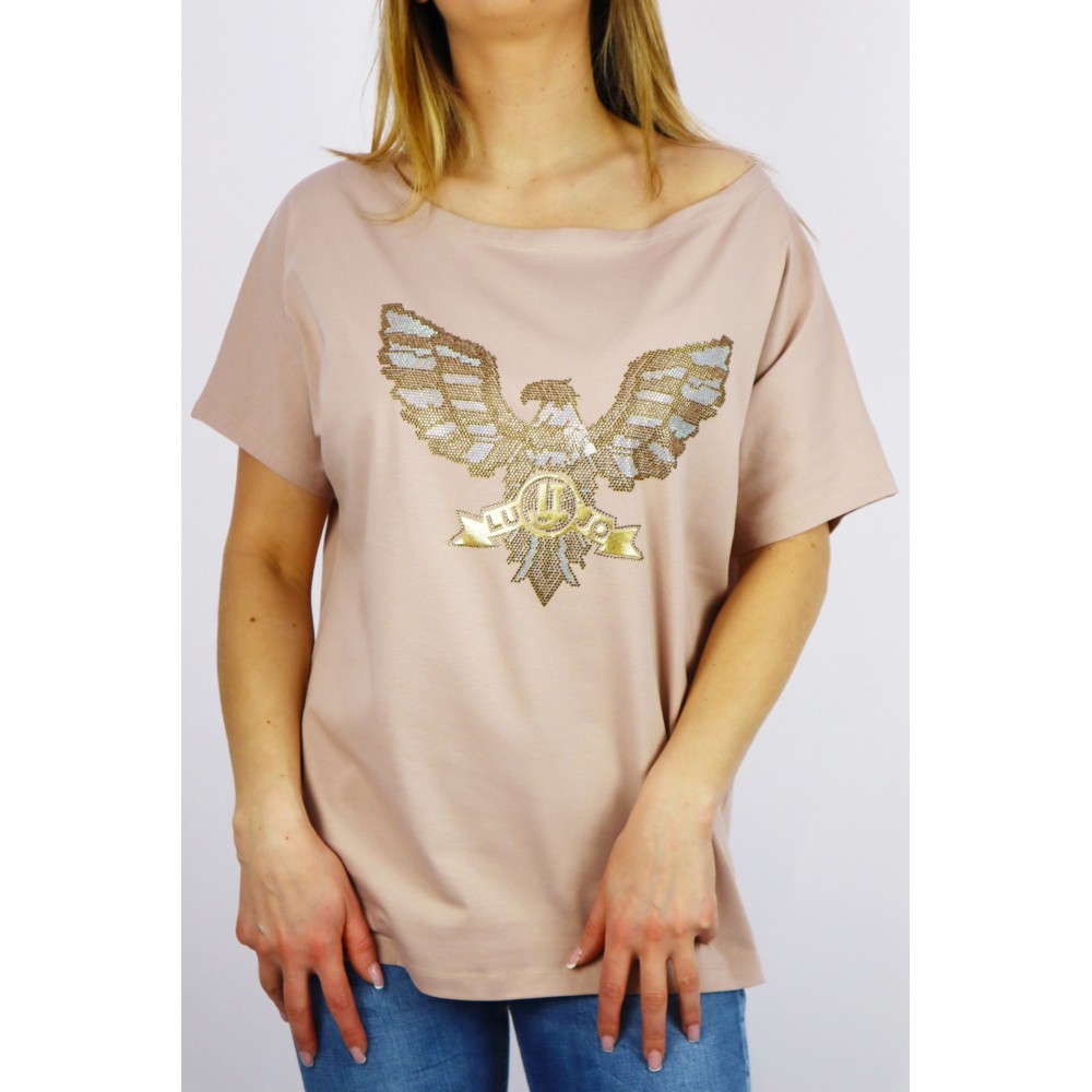 T-shirt damski oversize w kolorze cappucino z grafiką orła