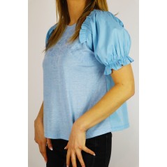 Błękitna damska bluzka z koszulowymi wstawkami i ażurowymi akcentami