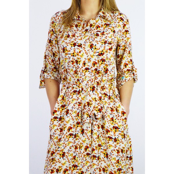 Maxi sukienka koszulowa damska beżowa w kwiatowe wzory