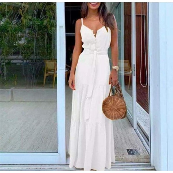 Maxi sukienka biała dopasowana z guziczkami idealna na lato